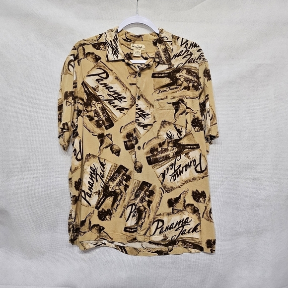 Panama Jack Brown Rum Bottle Button Up Shirt 100% Rayon  Size L - Picture 1 of 4